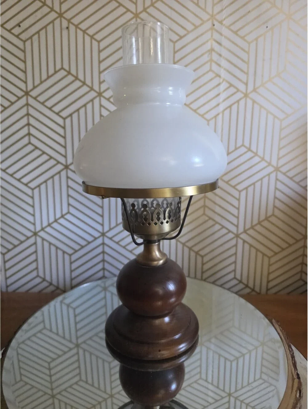 Vintage Hurricane Candle Lamp Wood & Brass Color With Chimney And Shade 14